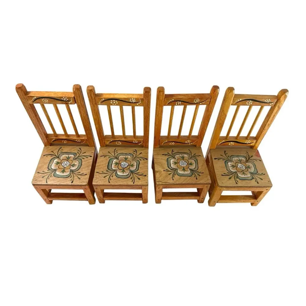 Vintage Handmade Hand Painted Folk Art Miniature Doll Table & 4 Chairs Wood Set